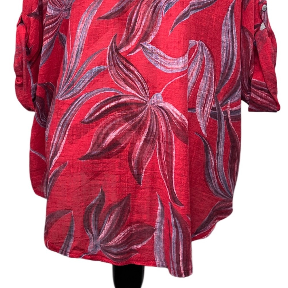 Made in Italy Leaf Floral Sz L 100% Cotton Button Front Tunic Blouse - Picture 6 of 11
